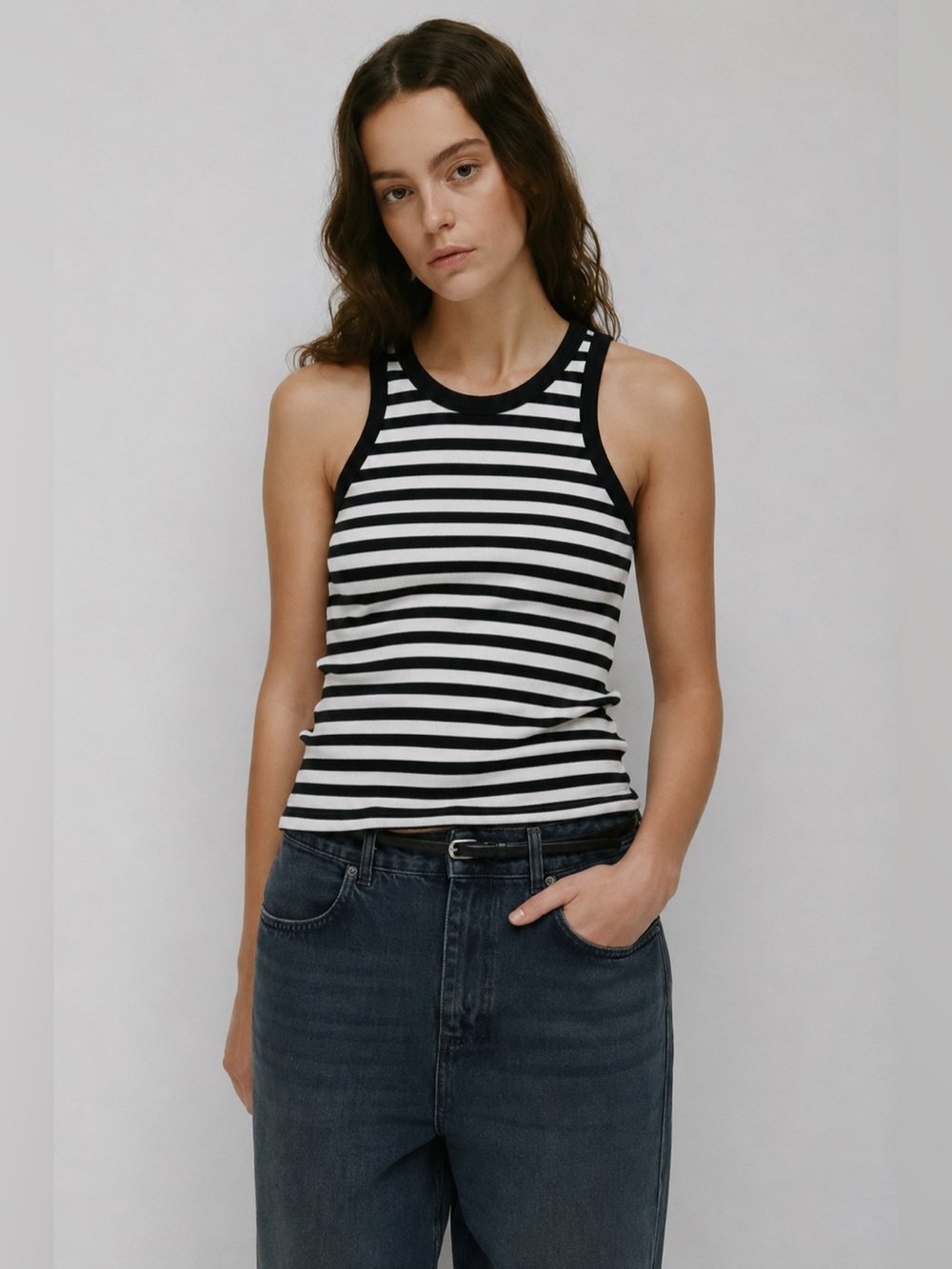 KOTN Egyptian Cotton Ribbed Sleeveless Striped Tank Top Black White 734